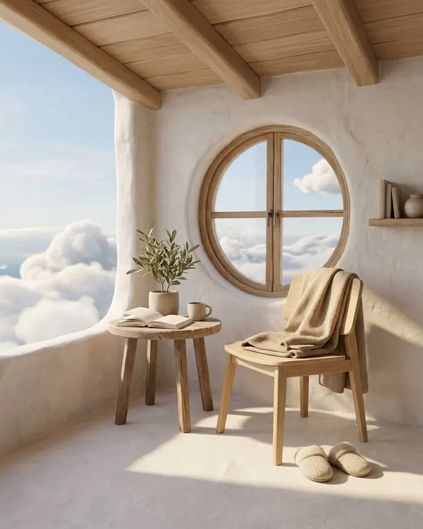 Un rincón luminoso sobre las nubes: una silla con una manta, un libro abierto y unas zapatillas junto a una ventana redonda